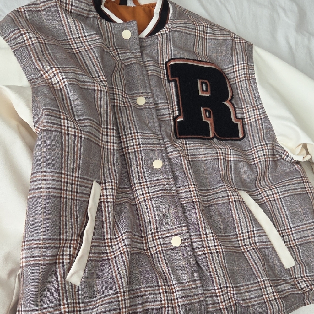H&M Gray Plaid Varsity Jacket with Cream Sleeves - Picture 5 of 8